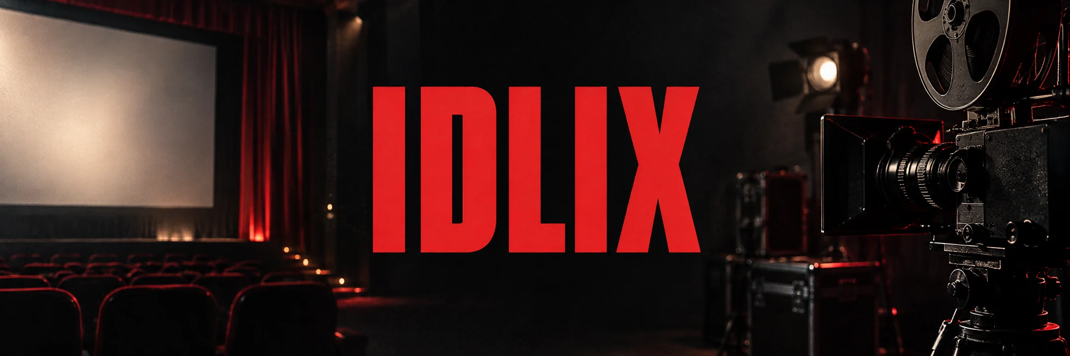 IDLIX dalam huruf merah di antara layar bioskop dan kamera film